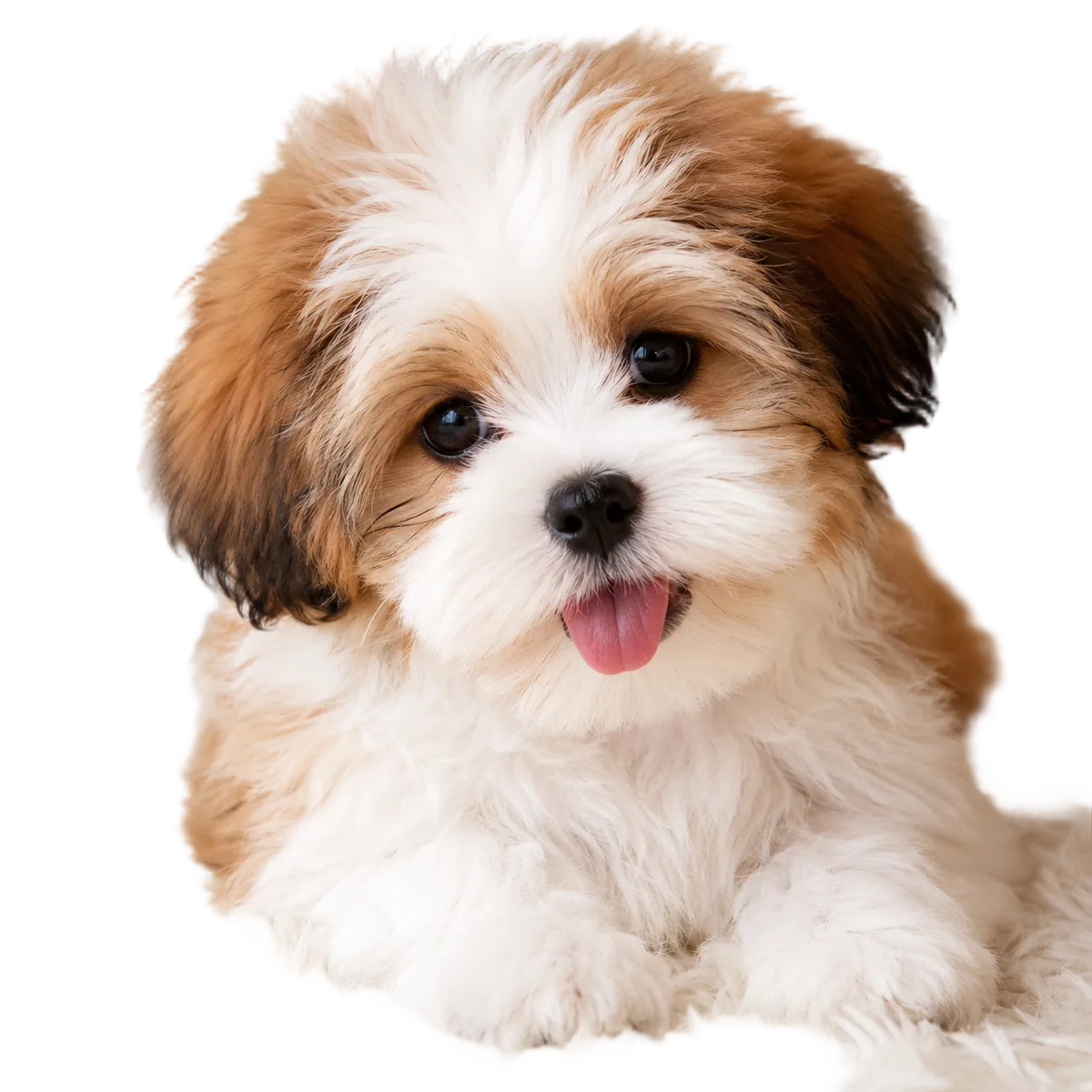 The same puppy with the background removed — soft fur edges intact, on a transparent checkerboard.